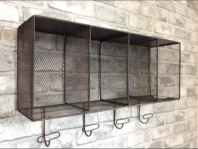 SECONDS- Metal Wire Wall Cabinet Storage Shelf Industrial Vintage Rustic Hooks - Image 1 of 4