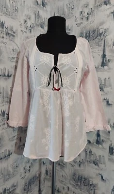Anthropologie ODD MOLLY Blouse 2 M Light Pink Tunic Lasing Embroidered Boho - Image 1 of 4