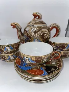 Set da tè 12 pezzi Satsuma Moriage Dragon Ware dipinto a mano - Foto 1 di 7