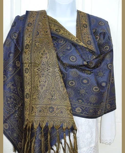 Varanasi Seide Paisley Kreis Halstuch Stola blau burgund orangisch braun aus Indien - Bild 1 von 16