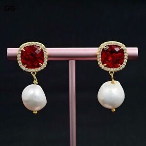 White Keshi Baroque Pearl Red Cat Eye Jade Earrings Handmade For Women