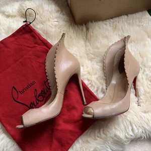 Christian Louboutin Pijonina Scalloped 100mm Red Sole Pump  Shoes Nude 37.5 - Picture 1 of 12