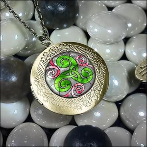Triskelion Irish Stained Glass Celtic Triskele Antique Bronze Locket Necklace - Picture 1 of 4