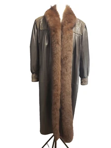 80s J. Percy for Marvin Richards Jacket Large Duster Leather Coat Fur Trimmed - Picture 1 of 18