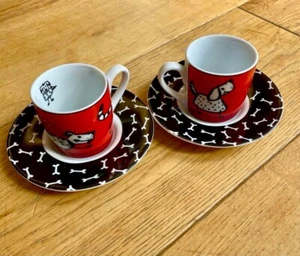Set of 2 Konitz Red White Black Demitasse Espresso Cups and Saucers Dogs Cat - Picture 1 of 8