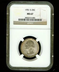 1951-S 25C NGC MS 67 Washington Quarter Dollar Type 1, Silver - Picture 1 of 2