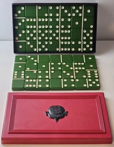 Vintage Crisloid Top Grade Bakelite Boneyard Green Dominoes Original Red Case - Picture 1 of 20