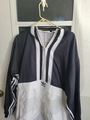 Adidas Negro Blanco LG Chaqueta Media Cremallera Capucha Cortavientos Manga Larga Chaqueta  Foto 1 de 3