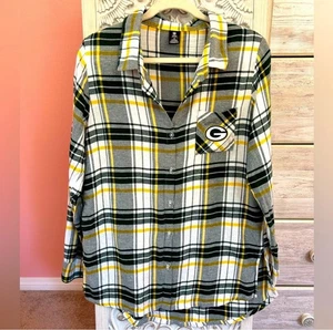 NFL Team Apparel Green Bay Packers Flannel Long Sleeve Button-Up Nightshirt M - Picture 1 of 8