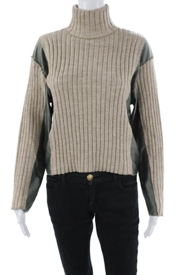 Zara Womens Long Sleeve Mock Neck Satin Trim Ribbed Sweater Brown Gray Medium - Image 1 of 4