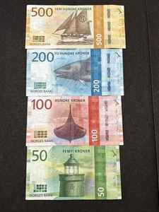 Set Of Bank Of Norway 50, 100, 200 & 500 Kroner Banknotes - Newest Series - Picture 1 of 2
