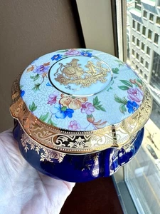 MCM Vintage Limoges Castel France 22k Gold Blue Courting Trinket Box Proposal - Picture 1 of 18