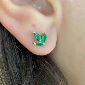 Marquise Cut Natural Green Emerald Flower Stud Women Earrings 14k Yellow Gold - Picture 1 of 9