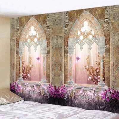 Extra Large Tapestry Wall Hanging Medieval Floral Window Fabric Art Posters - Image 1 of 4