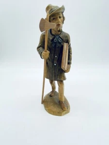 Vintage 6.5" Hand Carved Wood Figure Statue Man Holding Axe Large Book Atlas - Picture 1 of 5