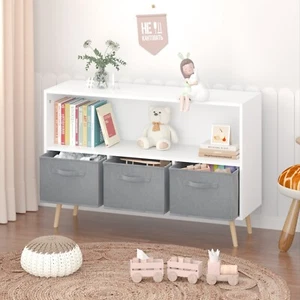 Kids Bookcase with Fabric Drawers, Children's Book Display & Toy Storage Cabinet - Picture 1 of 12