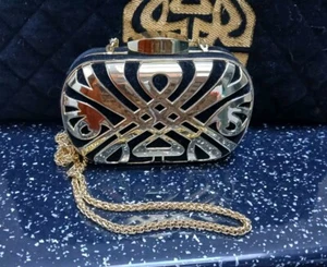 Biba Black Velvet Gold Mirror Metallic Mini Clutch Bag & Chain Cruise - Party - Picture 1 of 8