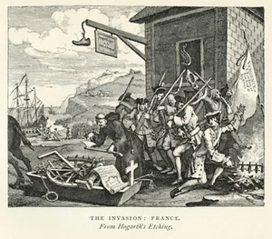 Grabado Hogarth INVASIÓN DE FRANCIA Soldados con fraile monje 1891 impresión artística vintage - Imagen 1 de 3