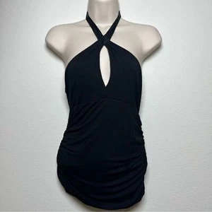 VTG 90s y2k Bebe Halter Neck Babydoll Top Small Black Keyhole Ruched Club Party - Picture 1 of 8