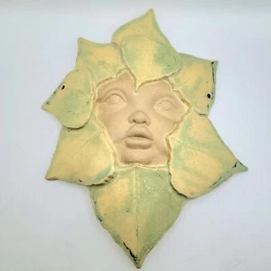 Art Pottery Baby Face Leaves Wall Hanging Green Leaf Fairy Whimsical Boho Clay - Picture 1 of 4