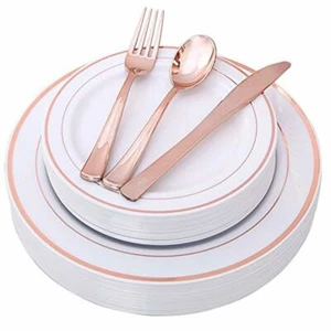 Rose Gold Plates with Disposable Plastic Silverware, Elegant Tableware 100 Pcs - Picture 1 of 6