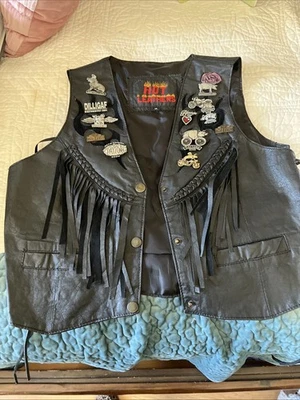 Hot Leathers Vintage Motorcycle Vest. Women’s Med. Black Fringe 12 Daytona Pins - Image 1 of 4