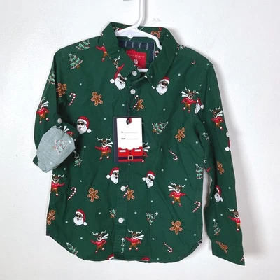 Denim & Flower Boys Green Christmas Print Button Up Shirt Size 4/5 NWT - Image 1 of 4