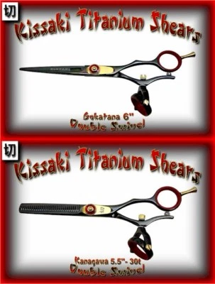 Kissaki Hair Scissors 6.0" & 30 tooth Black Red Double Swivel Hair Shears Combo - Image 1 of 3