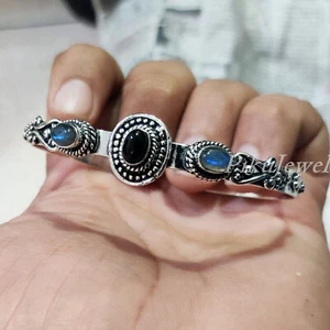 Blue Fire Labradorite & Black Onyx Gemstone 925 Sterling Silver Big Cuff Bangle - Picture 1 of 8