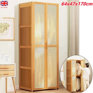2 Doors Wardrobe Bamboo Bedroom Storage Cupboard Hanging Rail Clothes Rack UK - Picture 1 of 9
