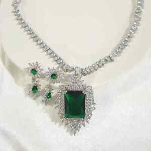 EMERALD WHITE SAPPHIRE GEMSTONE LADIES NECKLACE EARRING SET 18K GOLD FILLED
