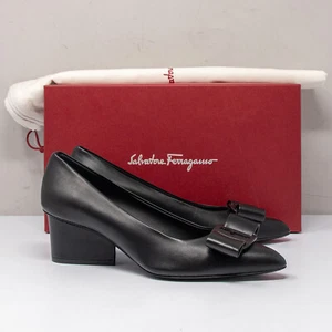 Salvatore Ferragamo Viva Bow Black Leather Heels, Size 7 B - Picture 1 of 8