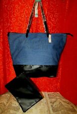 Victoria's Secret 2 PC Set Denim Blue Zip Tote Bag With Black Clutch Ship