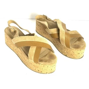 Anthro KAANAS Platform Sandals Tan Leather Suede Flatform Crisscross Cork Sz 9 - Picture 1 of 12