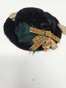 Antique Black Velvet Hat With Pink Silk Bottom For French Fashion Doll - Picture 1 of 11