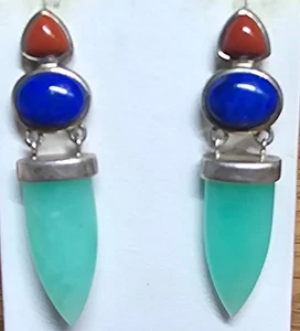 *STERLING SILVER*VINTAGE*JADEITE*LAPIS*RED AGATE*EARRINGS*WHITNEY KELLY*VINTAGE* - Picture 1 of 5