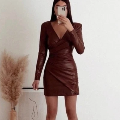 Zara Faux Leather Mini Dress NWT Brown Surplice V-Neck Ruched Long Sleeves Sz M - Image 1 of 4