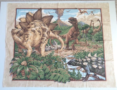 Dinosaur Fabric Panel Tan Green Realistic 33x42 Piece Volcano Crafting Quilting - Image 1 of 4
