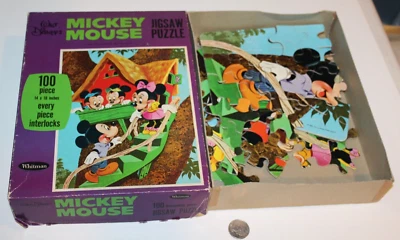 Quebra-cabeça completo vintage 1969 Mickey Mouse Whitman 100 peças década de 1970 casa na árvore Disney - Imagem 1 de 4