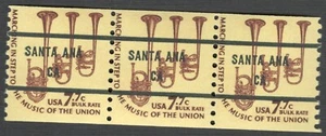 US. 1614a. 7.7c. Saxhorns. Precancel Coil Strip of 3. Santa Ana, CA. - Picture 1 of 2