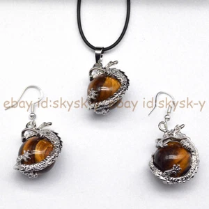 Natural Yellow Tiger's Eye Ball Dragon Pendant Necklace Earrings Jewelry Set - Picture 1 of 3