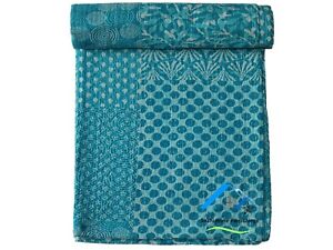 100% Cotton Kantha Quilt Turquoise Blue Color Bedspread Handmade Blanket Indian
