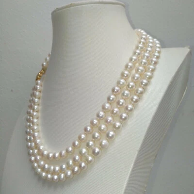 3 strands 7-8mm natural white akoya round pearl necklace 18" 14k Clasp Wedding - Image 1 of 4