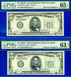 1934B/1934C $5 Federal Reserve Note PMG 65EPQ Reverse Changeover Fr 1958/1959-D - Picture 1 of 2