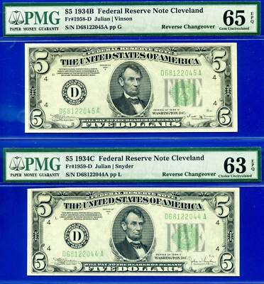 1934B/1934C $5 Federal Reserve Note PMG 65EPQ Reverse Changeover Fr 1958/1959-D - Image 1 of 2