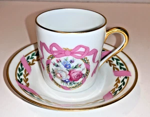 LIMOGES Frankreich TASSE & UNTERTASSE Set weiß mit rosa/mauve Band & grün & Blattgold - Bild 1 von 10