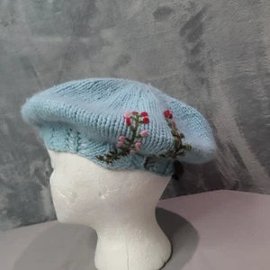 TRUE RELIGION Mütze Baskenmütze Damen Einheitsgröße blau Strick bestickt Blumen Angora Wolle - Bild 1 von 10