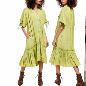 Free People Oversize-Kleid gelb grün Maya Baumwolle Gaze Größe L - Bild 1 von 9