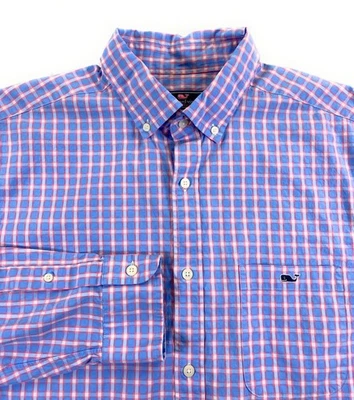 Camisa Vineyard Vines Para Hombre Calce Clásico Tucker Bolsillo Azul Rosa Camisa a Cuadros Grande Foto 1 de 4