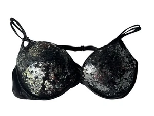 Victoria’s Secret Gorgeous Plunge Push Up Bra 34D Black With Silver Sequin - Picture 1 of 10